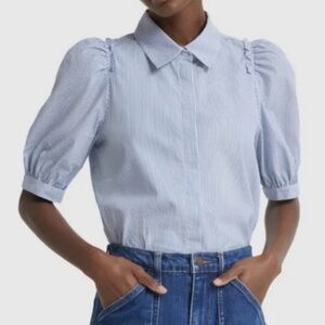 G. Label by Goop Nicole Puff Sleeve Button Down Blue White Stripe Blouse Size 10